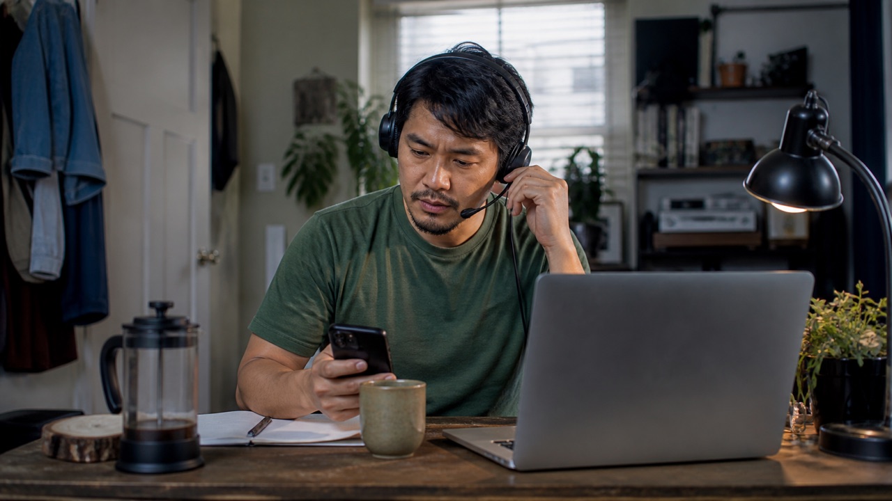 Editorial scene connecting three ordinary remote workspaces: a sunlit home office, a quiet co-working desk, and a kitchen corner used as an evening office.