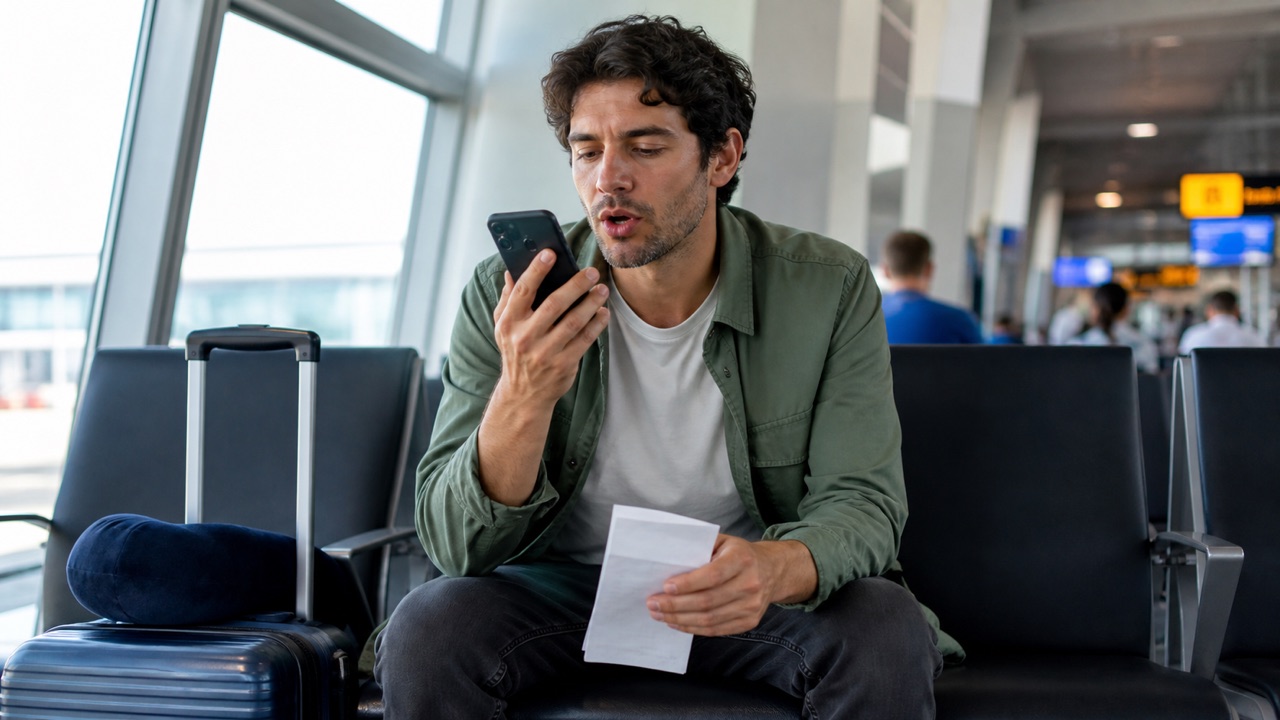 An airport departure lounge before boarding, with an adult traveler beside a small carry-on, a closed passport, a folded map with no labels, and a blank phrase card.