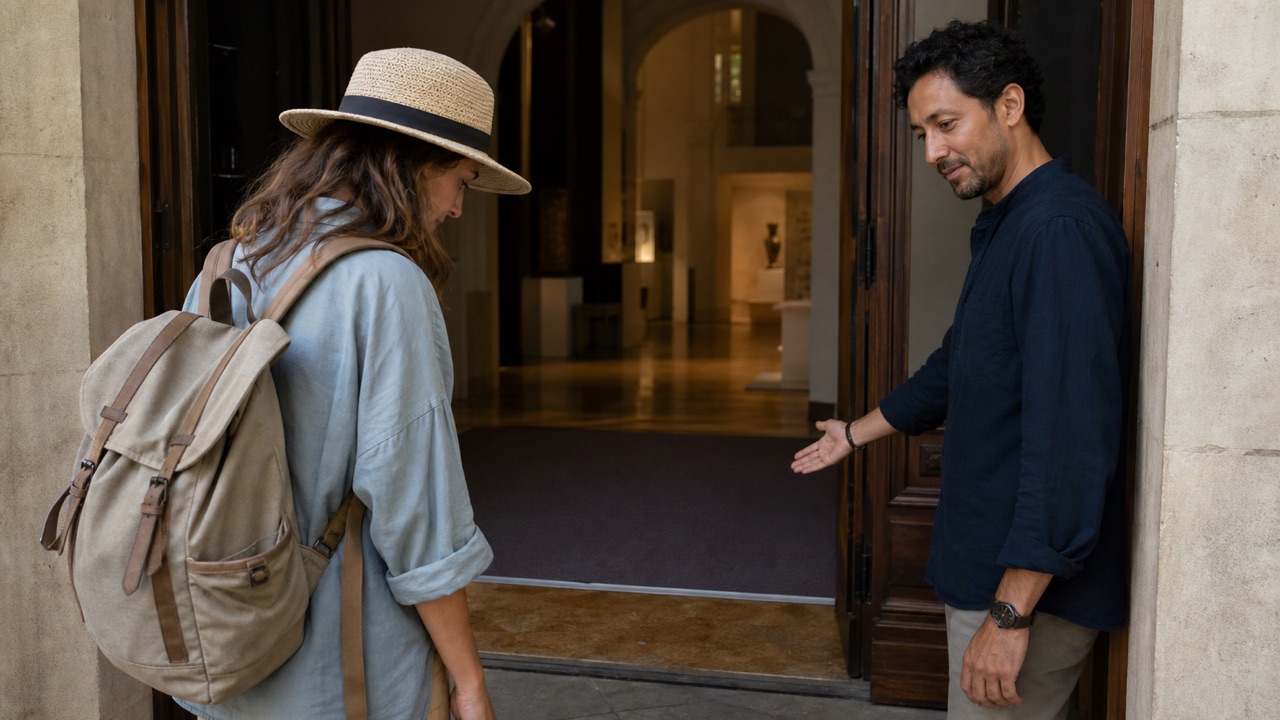 The entrance foyer of a museum in an unfamiliar city, with an adult traveler paused before a doorway while an unbranded local host indicates a respectful place to wait.