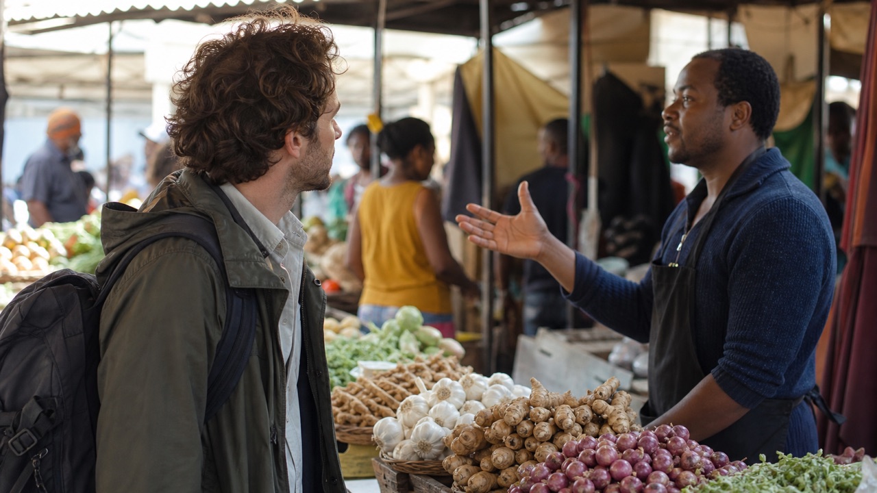 A lively open-air market at midday, where a traveler and vendor keep a comfortable conversational distance beside an unbranded stall.
