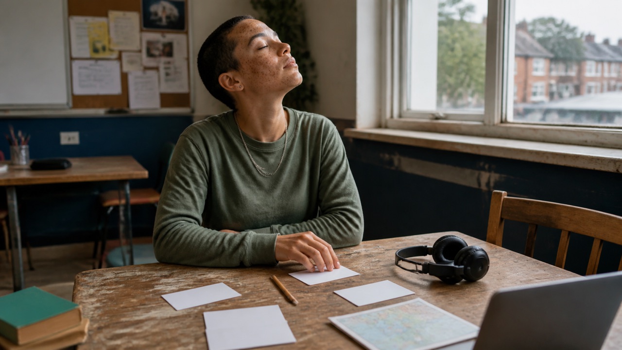 A community classroom language workshop with an adult learner at a worn table, blank flashcards, a pencil, headphones, and a small unlabeled map.