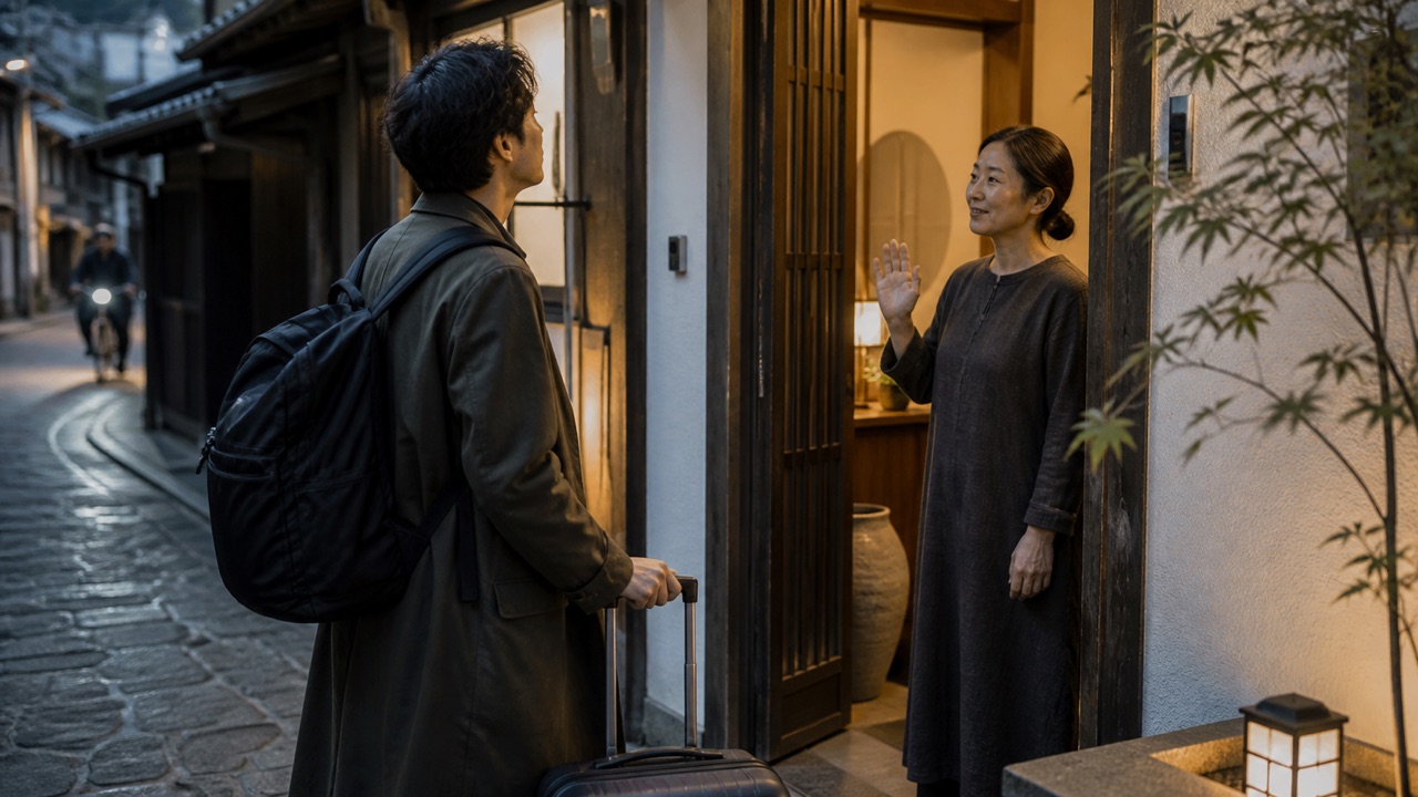 A simple guesthouse doorway at early evening, with an adult traveler and host maintaining respectful distance beside an unbranded suitcase.
