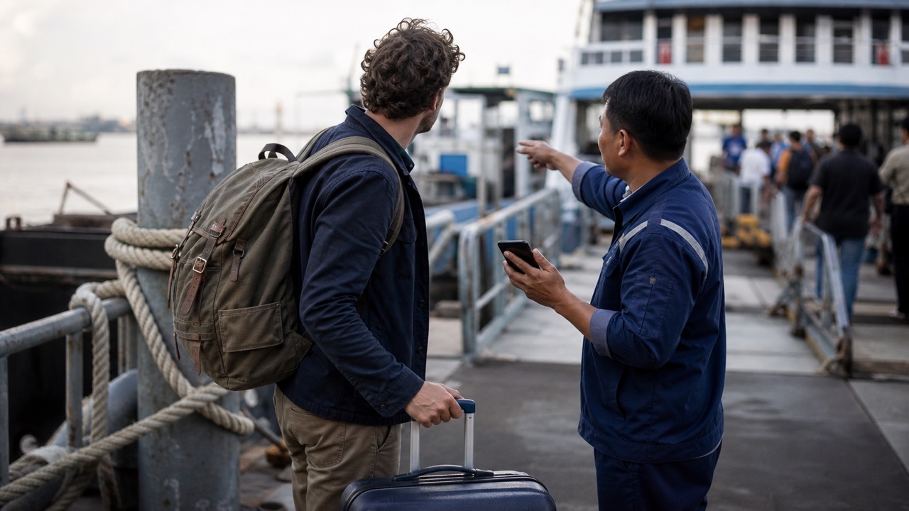 A breezy ferry dock before departure, where an adult traveler and an unbranded dock worker use a phone held screen-away and point toward a carry-on and a route board turned away.