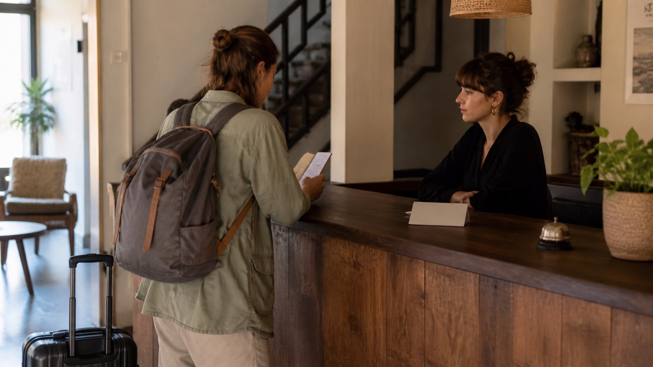 Modest guesthouse reception in soft morning light, wooden desk, small luggage, a blank key sleeve, and an uncluttered lobby with no hotel branding.