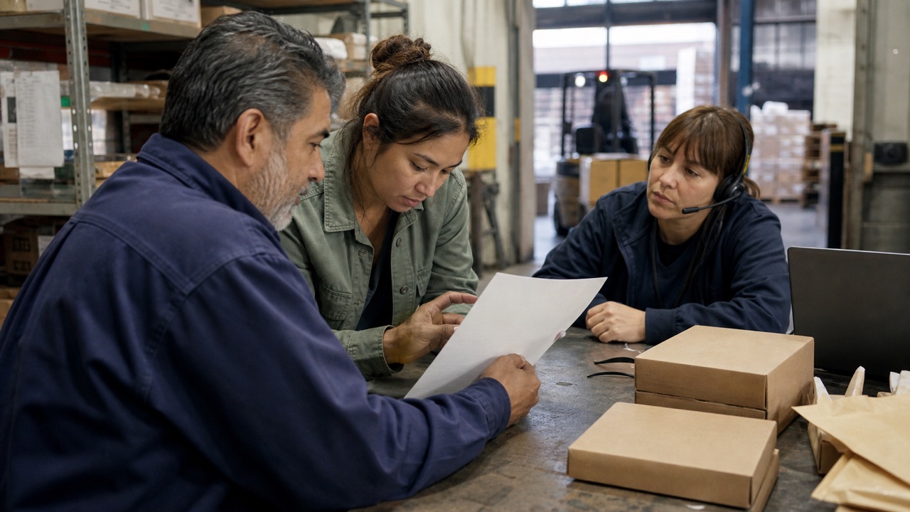 Small logistics dispatch area beside a working warehouse, plain table, package samples without labels, printed pages turned away, and practical shelving in the background.