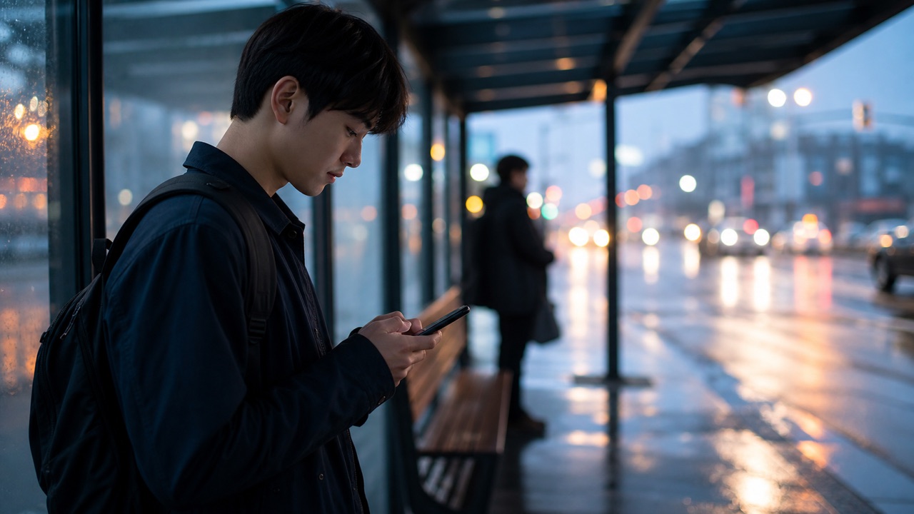 Covered city bus shelter at blue-hour dusk, wet pavement, one empty bench, distant traffic softly blurred, and no advertising panels or route text.