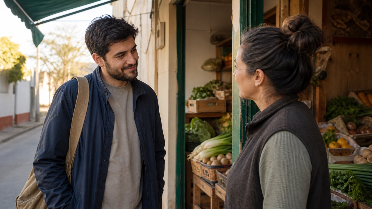 Morning entrance of a small neighborhood market, produce crates, plain awning, and two people meeting beside the doorway with no signs or branded packaging.