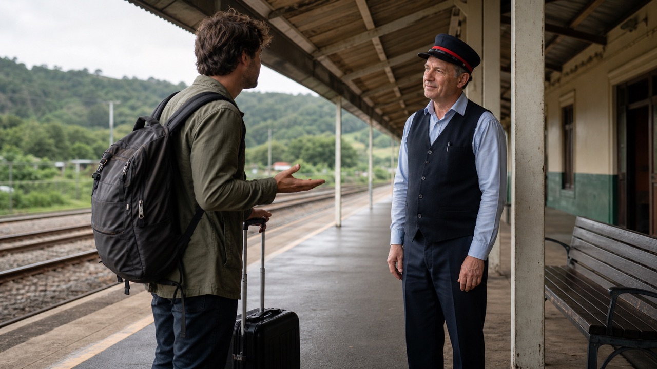 Quiet regional train platform under a broad canopy, rolling suitcase, plain bench, station attendant near a column, and no platform signs or timetable lettering.