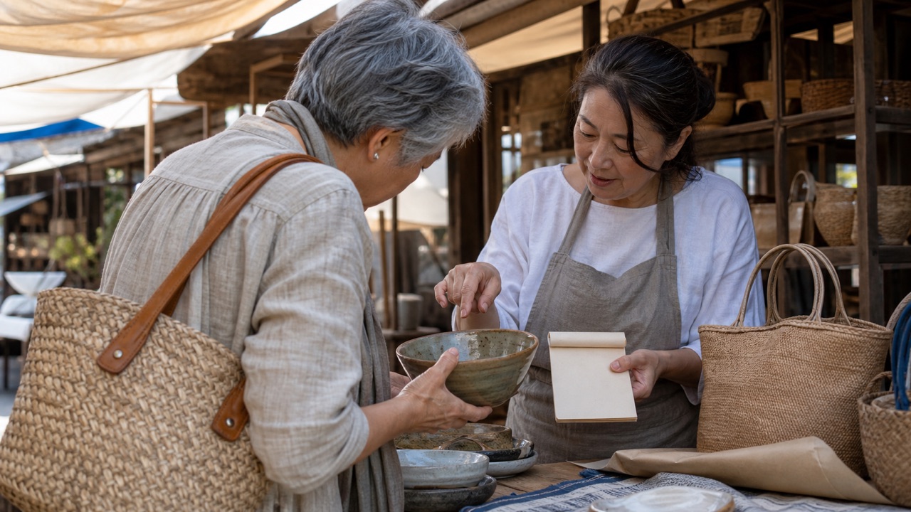 Covered craft market with a wooden stall, hand-thrown ceramic bowl, woven bags, plain wrapping paper, and warm daylight filtering through canvas overhead.