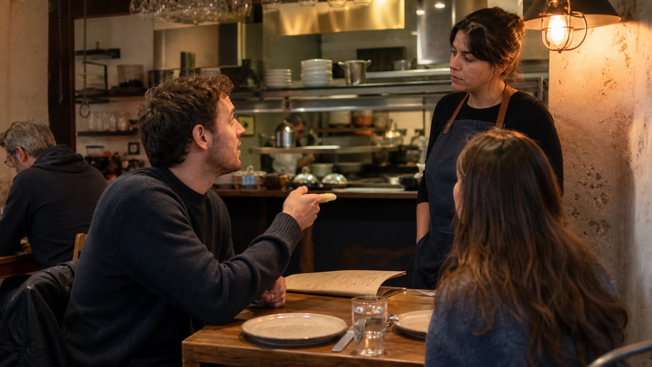 Small family-run restaurant at early evening, plain ceramic plates, open kitchen pass, a folded menu with no legible copy, and warm practical light.