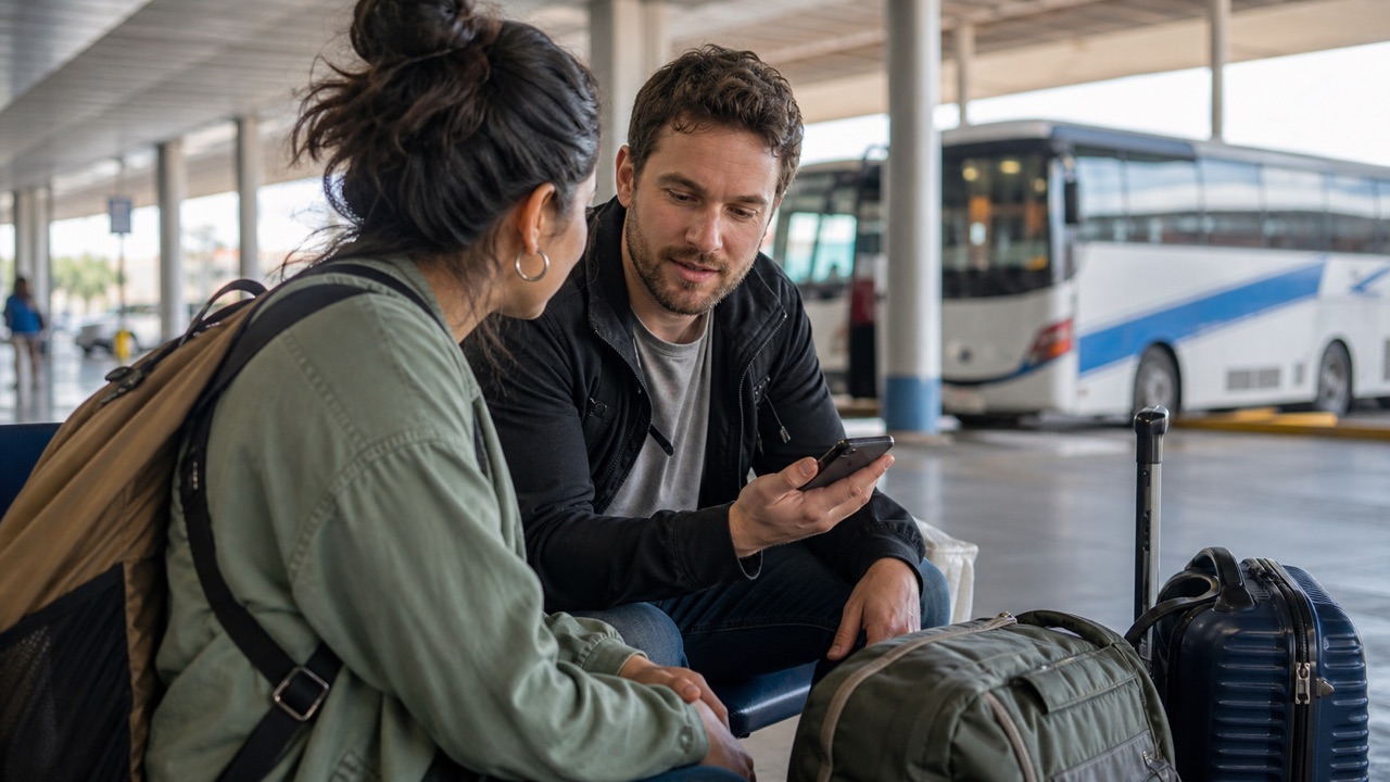 Covered intercity bus station in clear daytime, two empty seats, travel bags, plain columns, and a phone resting on an open palm with the screen angled away.