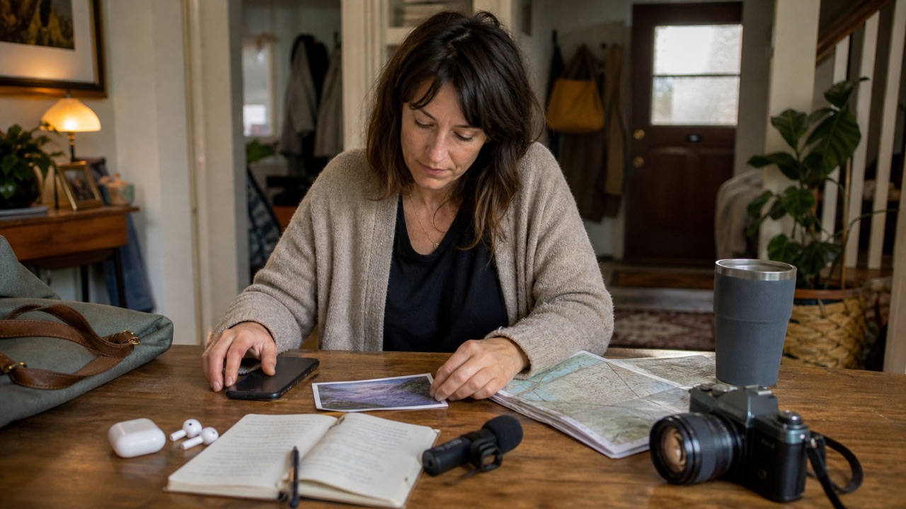 Traveller preparing for a trip with maps, notes, and a phone